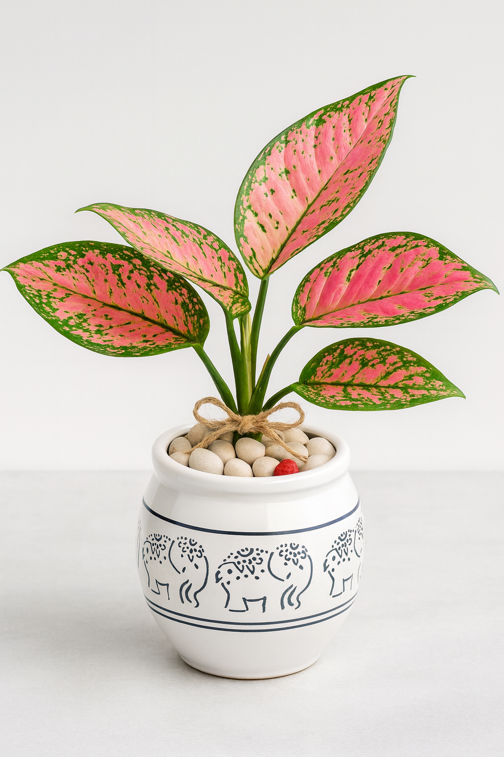 Blush Aglaonema (Pink) — Elephant-print Ceramic + White Pebbles