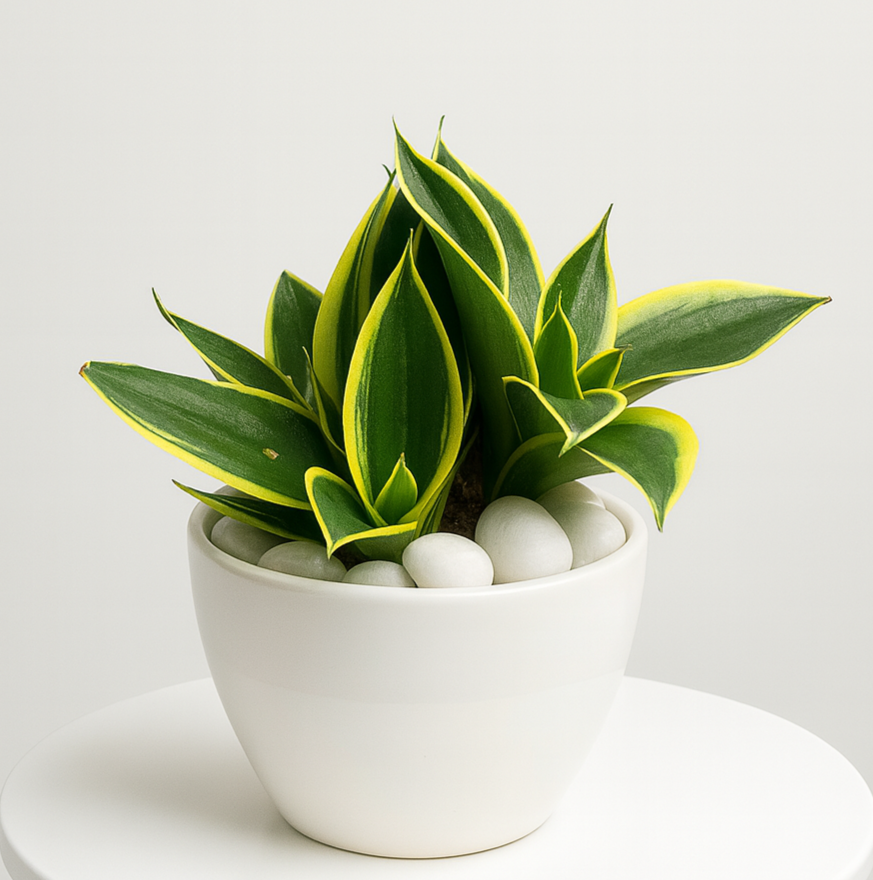 Dwarf Snake Plant ‘Golden Hahnii’ — Glossy White Round Bowl