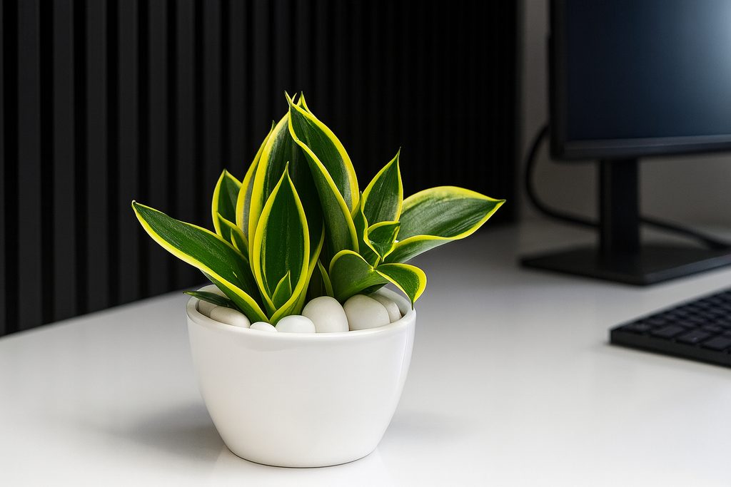 Dwarf Snake Plant ‘Golden Hahnii’ — Glossy White Round Bowl