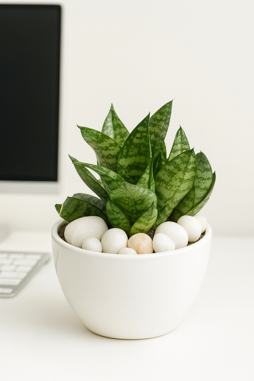 Dwarf Snake Plant (Hahnii Green) — Glossy White Round Pot