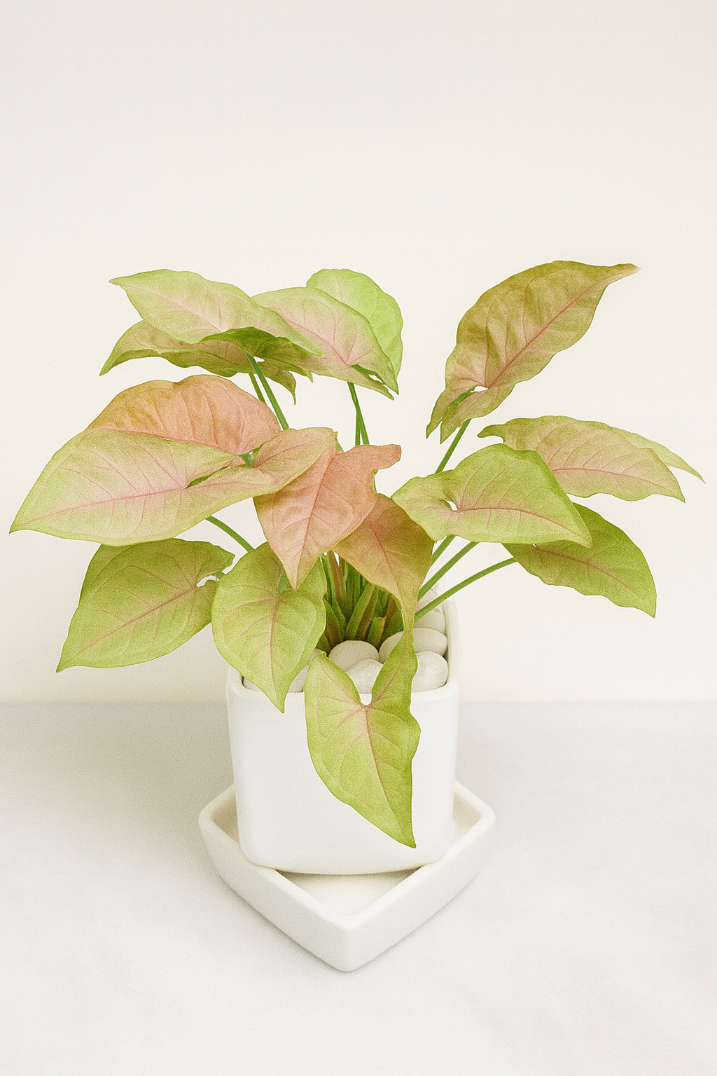 Pink Syngonium — White Square Pot + Square Saucer